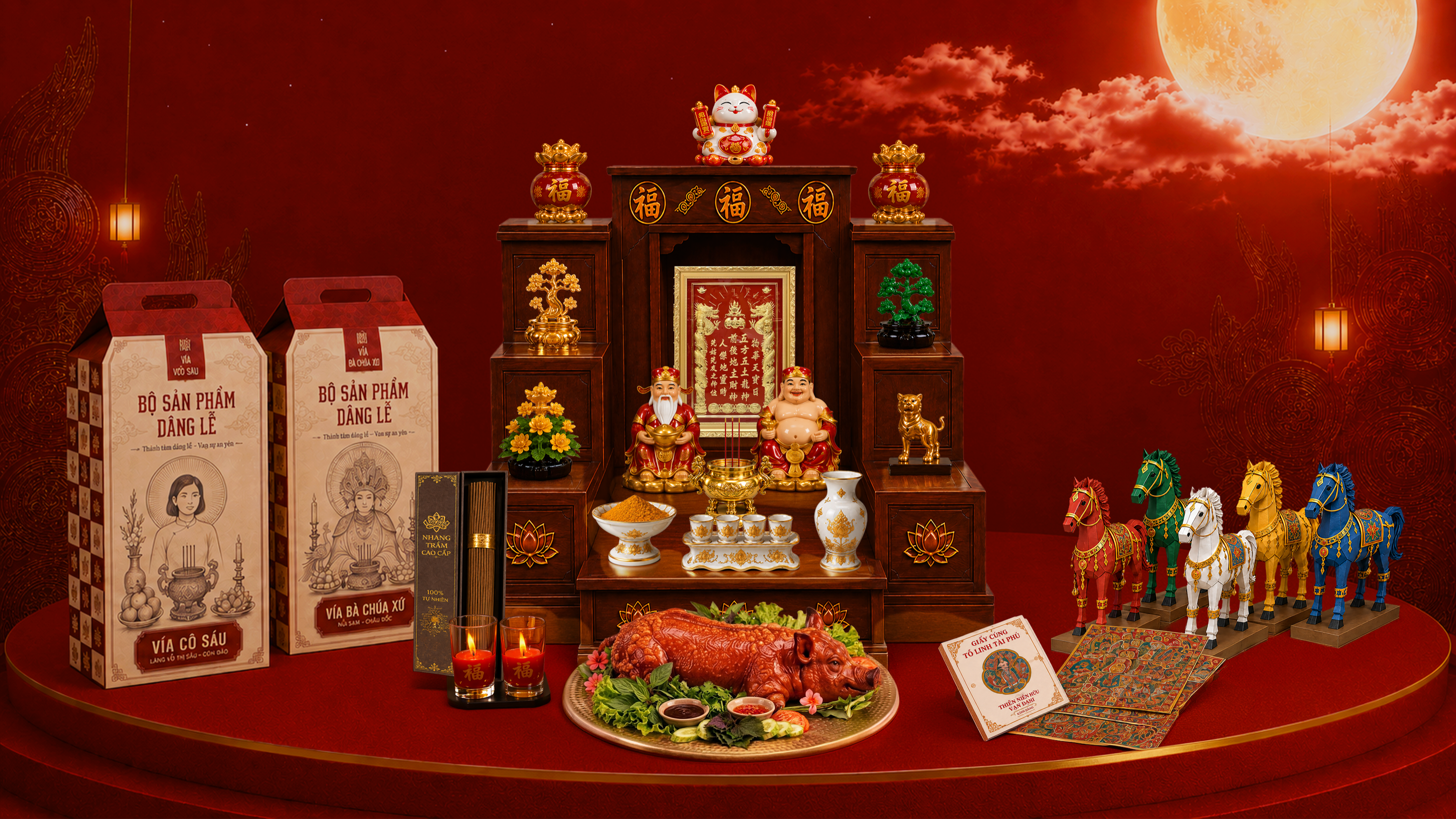 Bàn thờ Thần Tài với các vật phẩm cúng An Thịnh